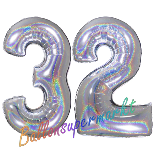 Folienballons-Zahlen-32-holografisch-Silber-Luftballons-Geschenk-32.-Geburtstag-Jubilaeum-Firmenveranstaltung