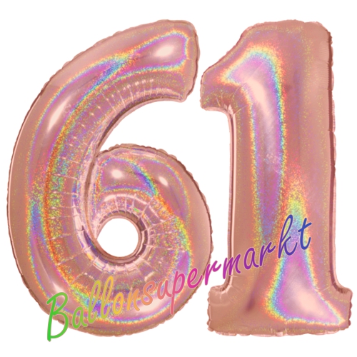 Folienballons-Zahlen-61-holografisch-Rosegold-Luftballons-Geschenk-61.-Geburtstag-Jubilaeum-Firmenveranstaltung
