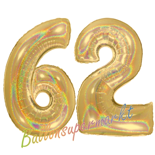 Folienballons-Zahlen-62-holografisch-Gold-Luftballons-Geschenk-62.-Geburtstag-Jubilaeum-Firmenveranstaltung