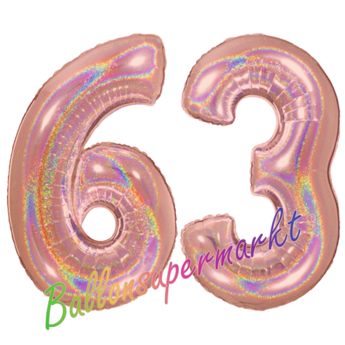 Folienballons-Zahlen-63-holografisch-Rosegold-Luftballons-Geschenk-63.-Geburtstag-Jubilaeum-Firmenveranstaltung