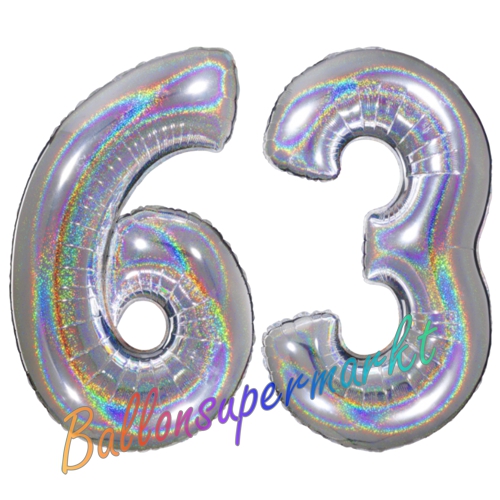 Folienballons-Zahlen-63-holografisch-Silber-Luftballons-Geschenk-63.-Geburtstag-Jubilaeum-Firmenveranstaltung