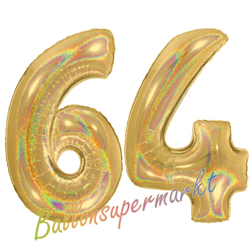 Folienballons-Zahlen-64-holografisch-Gold-Luftballons-Geschenk-64.-Geburtstag-Jubilaeum-Firmenveranstaltung