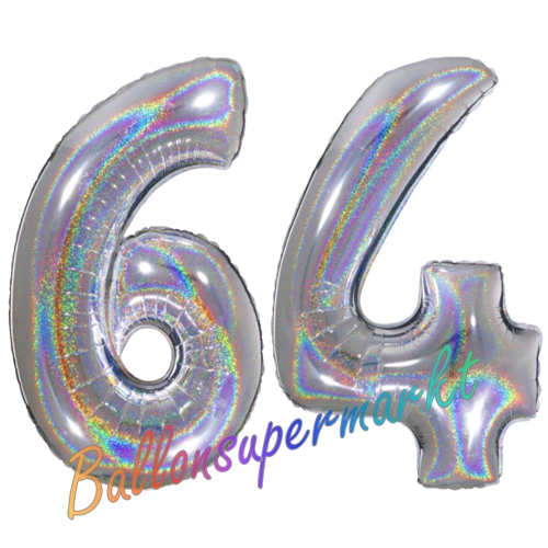 Folienballons-Zahlen-64-holografisch-Silber-Luftballons-Geschenk-64.-Geburtstag-Jubilaeum-Firmenveranstaltung
