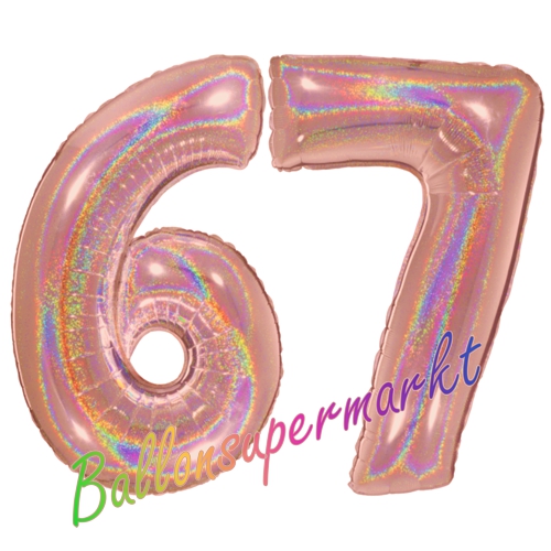 Folienballons-Zahlen-67-holografisch-Rosegold-Luftballons-Geschenk-67.-Geburtstag-Jubilaeum-Firmenveranstaltung