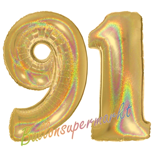 Folienballons-Zahlen-91-holografisch-Gold-Luftballons-Geschenk-91.-Geburtstag-Jubilaeum-Firmenveranstaltung