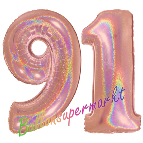 Folienballons-Zahlen-91-holografisch-Rosegold-Luftballons-Geschenk-91.-Geburtstag-Jubilaeum-Firmenveranstaltung