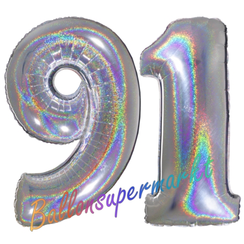 Folienballons-Zahlen-91-holografisch-Silber-Luftballons-Geschenk-91.-Geburtstag-Jubilaeum-Firmenveranstaltung