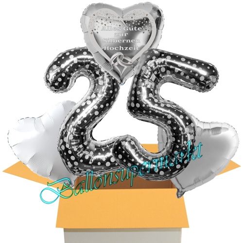 Folienballons-im-Karton-Alles-Gute-zur-Silbernen-Hochzeit-25-silber-Punkte-Herzen-Dekoration-Geschenk-Silberhochzeit