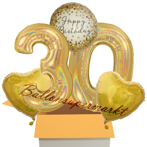 Folienballons-im-Karton-Happy-Birthday-Gold-Sparkle-2-Zahlen-30-2-Herzballons-gold-holografisch-Dekoration-30.-Geburtstag