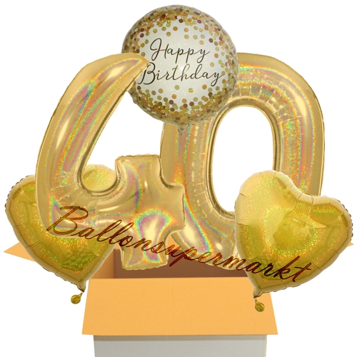 Folienballons-im-Karton-Happy-Birthday-Gold-Sparkle-2-Zahlen-40-2-Herzballons-gold-holografisch-Dekoration-40.-Geburtstag