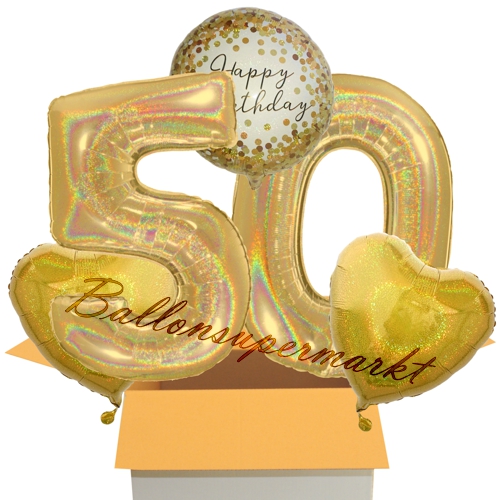 Folienballons-im-Karton-Happy-Birthday-Gold-Sparkle-2-Zahlen-50-2-Herzballons-gold-holografisch-Dekoration-50.-Geburtstag
