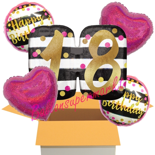 Folienballons-im-Karton-Happy-Birthday-Milestone-Pink-and-Gold-18-2-Herzballons-holo-fuchsia-Dekoration-18.-Geburtstag