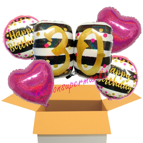 Folienballons-im-Karton-Happy-Birthday-Milestone-Pink-and-Gold-30-2-Herzballons-holo-fuchsia-Dekoration-30.-Geburtstag