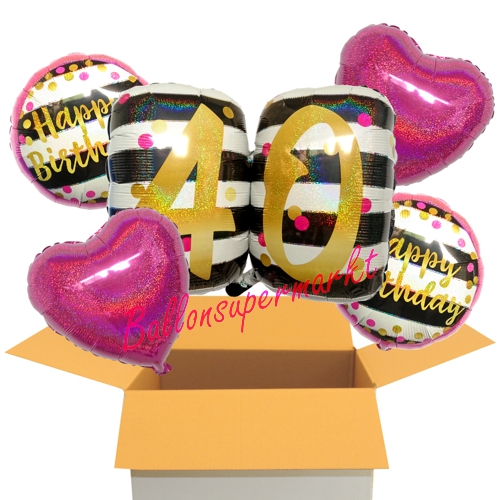 Folienballons-im-Karton-Happy-Birthday-Milestone-Pink-and-Gold-40-2-Herzballons-holo-fuchsia-Dekoration-40.-Geburtstag