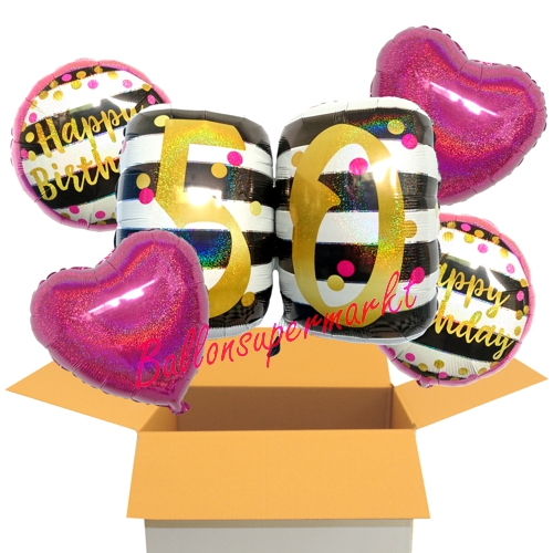 Folienballons-im-Karton-Happy-Birthday-Milestone-Pink-and-Gold-50-2-Herzballons-holo-fuchsia-Dekoration-50.-Geburtstag