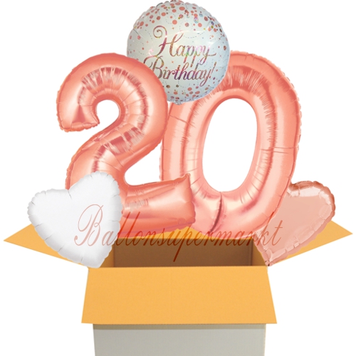 Folienballons-im-Karton-Happy-Birthday-Rosegold-Sparkling-Fizz-2-Zahlen-20-2-Herzballons-rosegold-weiss-Dekoration-20.-Geburtstag