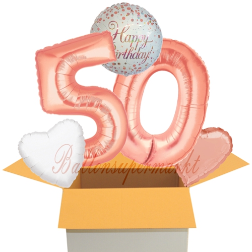 Folienballons-im-Karton-Happy-Birthday-Rosegold-Sparkling-Fizz-2-Zahlen-50-2-Herzballons-rosegold-weiss-Dekoration-50.-Geburtstag
