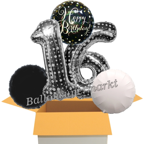 Folienballons-im-Karton-Happy-Birthday-Silber-Punkte-Sparkling-Celebration-2-Zahlen-16-2-Rundballons-schwarz-weiss-Dekoration-16.-Geburtstag