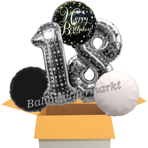 Folienballons-im-Karton-Happy-Birthday-Silber-Punkte-Sparkling-Celebration-2-Zahlen-18-2-Rundballons-schwarz-weiss-Dekoration-18.-Geburtstag