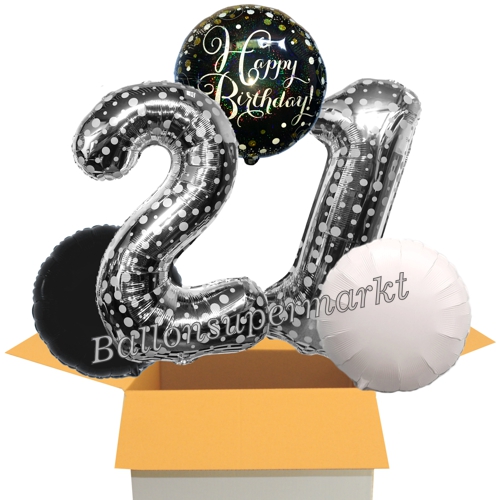 Folienballons-im-Karton-Happy-Birthday-Silber-Punkte-Sparkling-Celebration-2-Zahlen-21-2-Rundballons-schwarz-weiss-Dekoration-21.-Geburtstag