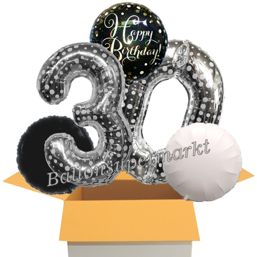 Folienballons-im-Karton-Happy-Birthday-Silber-Punkte-Sparkling-Celebration-2-Zahlen-30-2-Rundballons-schwarz-weiss-Dekoration-30.-Geburtstag