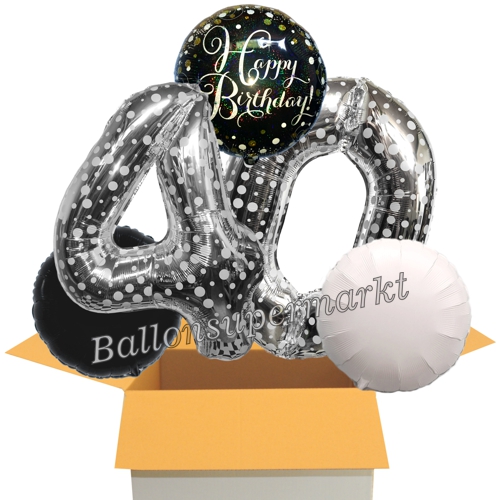 Folienballons-im-Karton-Happy-Birthday-Silber-Punkte-Sparkling-Celebration-2-Zahlen-40-2-Rundballons-schwarz-weiss-Dekoration-40.-Geburtstag