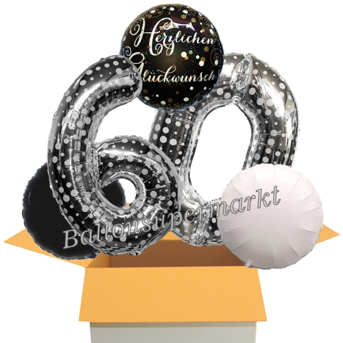 Folienballons-im-Karton-Herzlichen-Glueckwunsch-Silber-Punkte-Sparkling-Celebration-2-Zahlen-60-2-Rundballons-schwarz-weiss-Dekoration-60.-Geburtstag