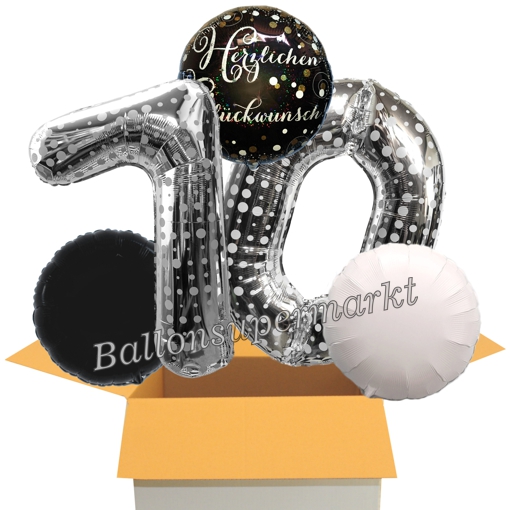 Folienballons-im-Karton-Herzlichen-Glueckwunsch-Silber-Punkte-Sparkling-Celebration-2-Zahlen-70-2-Rundballons-schwarz-weiss-Dekoration-70.-Geburtstag