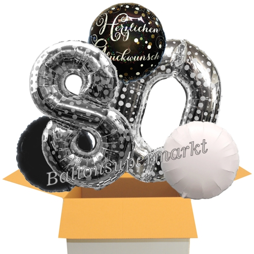 Folienballons-im-Karton-Herzlichen-Glueckwunsch-Silber-Punkte-Sparkling-Celebration-2-Zahlen-80-2-Rundballons-schwarz-weiss-Dekoration-80.-Geburtstag