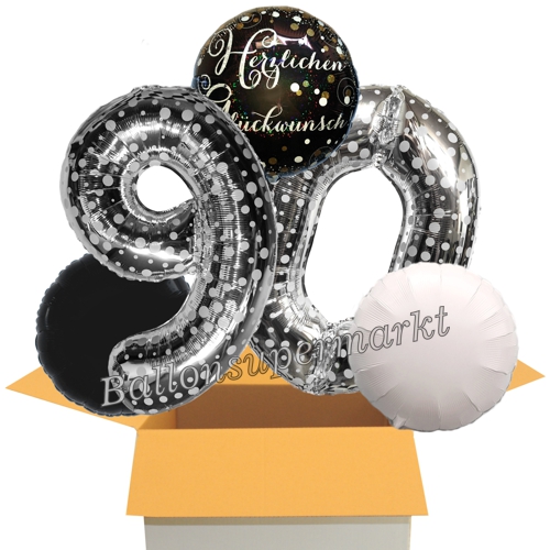 Folienballons-im-Karton-Herzlichen-Glueckwunsch-Silber-Punkte-Sparkling-Celebration-2-Zahlen-90-2-Rundballons-schwarz-weiss-Dekoration-90.-Geburtstag