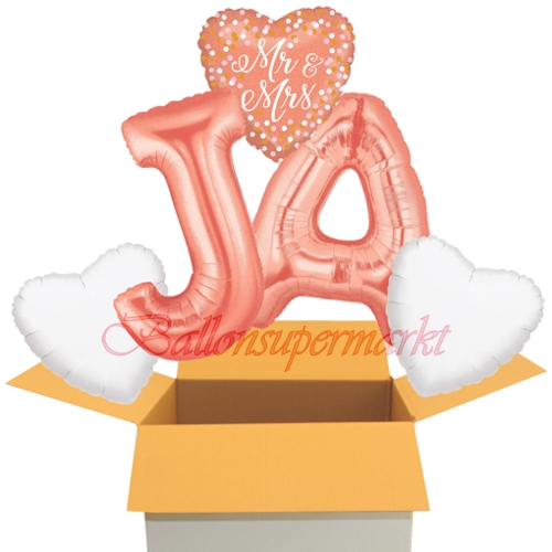 Folienballons-im-Karton-Ja-Mr-and-Mrs-Rosegold-Herz-Buchstaben-J-A-Herzen-weiss-zur-Hochzeit-Dekoration-Hochzeitsgeschenk