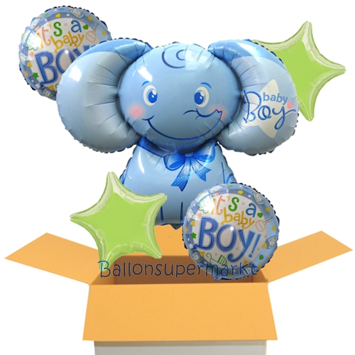 Folienballons-im-Karton-zur-Geburt-Elefant-Baby-Boy-blau-Its-a-Boy-Sterne-Bayparty-Junge
