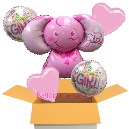 Folienballons-im-Karton-zur-Geburt-Elefant-Baby-Girl-rosa-Its-a-Girl-Herzen-Bayparty-Maedchen