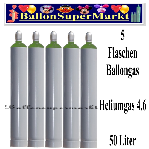 Fünf Flaschen Ballongas, 50 Liter, Helium 4.6, Ballonsupermarkt-Lieferservice NRW