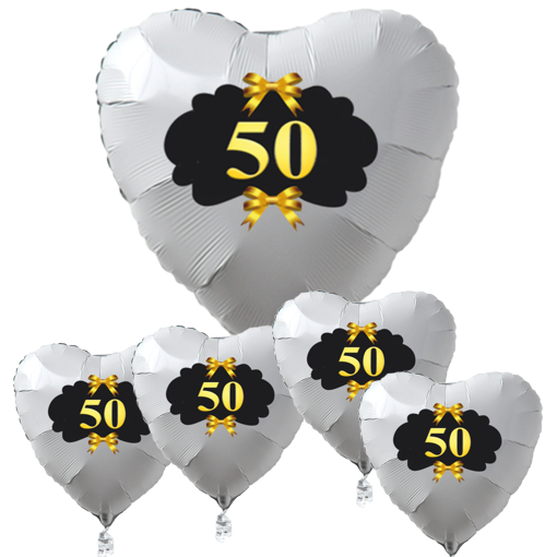 Goldene-Hochzeit-50-Bouquet-Herzluftballons-aus-Folie-Weiss-mit-Helium