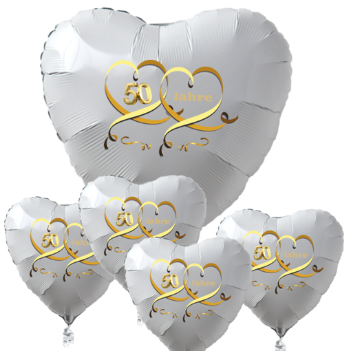 Goldene-Hochzeit-50-Jahre-Bouquet-aus-Herzluftballons-Weiss-goldene-Herzen-mit-Ballongas-Helium