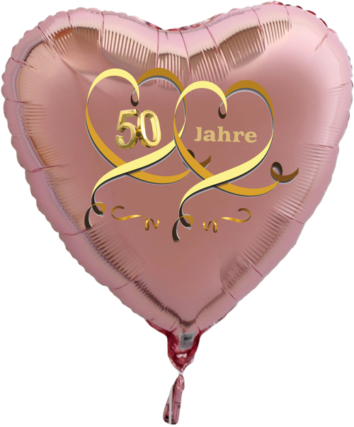 50 Jahre, roségoldener Herzballon aus Folie zur Goldenen Hochzeit mit Helium Ballongas