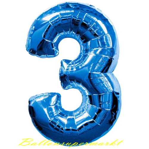 Luftballon aus Folie, Zahl 3, Drei, Farbe Blau