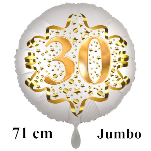 Grosser-Satin-de-Luxe-Rundballon-weiss-Zahl-30-in-Gold-mit-Helium