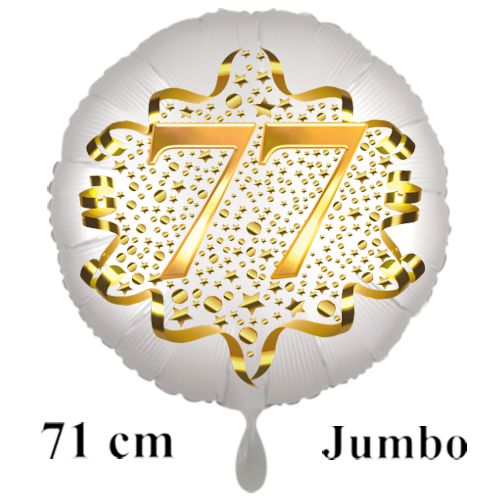 Grosser-Satin-de-Luxe-Rundballon-weiss-Zahl-77-in-Gold-mit-Helium