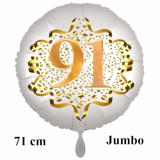 Grosser-Satin-de-Luxe-Rundballon-weiss-Zahl-91-in-Gold-mit-Helium