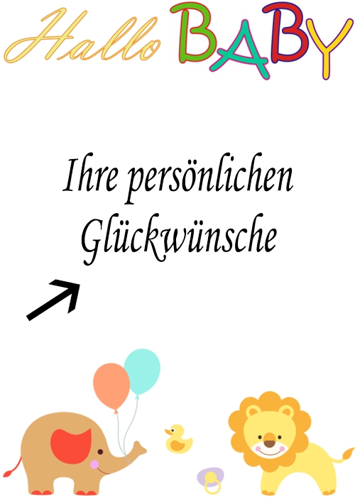 Grusskarte-zur-Geburt-Taufe-Hallo-Baby-bedruckt-mit-Elefant-Loewe-Ente-Ballons