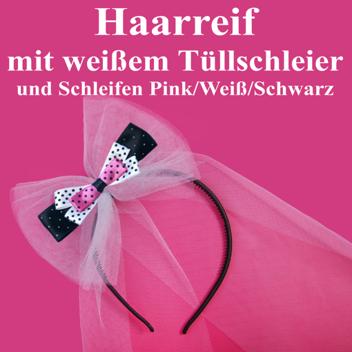 Haarreif-mit-weissem-Tuellschleier-und-Schleifen-Pink-Weiss-Schwarz-zu-Hen-Party-und-Junggesellin-Abschied