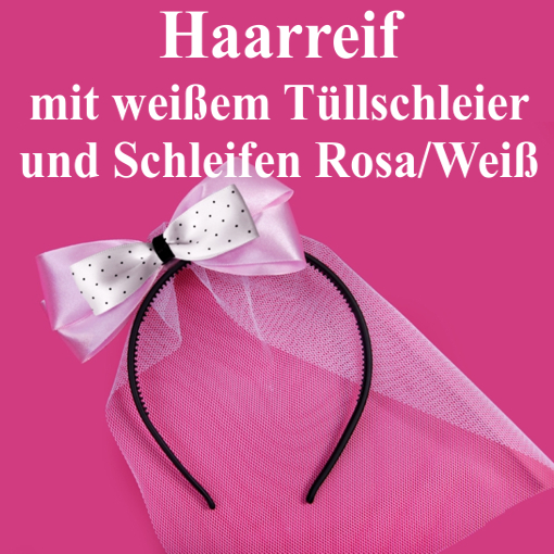 Haarreif-mit-weissem-Tuellschleier-und-Schleifen-Rosa-Weiss-Hen-Party-Junggesellinnenabschied