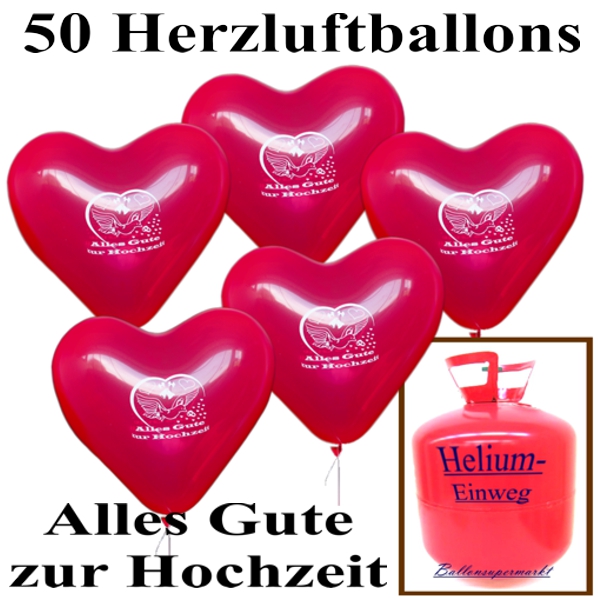 Helium Einweg Set, 50 Luftballons Herzen, Alles Gute zur Hochzeit