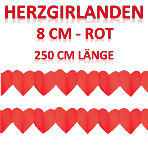 Rote Herzgirlanden, 250 cm lang, 8 cm