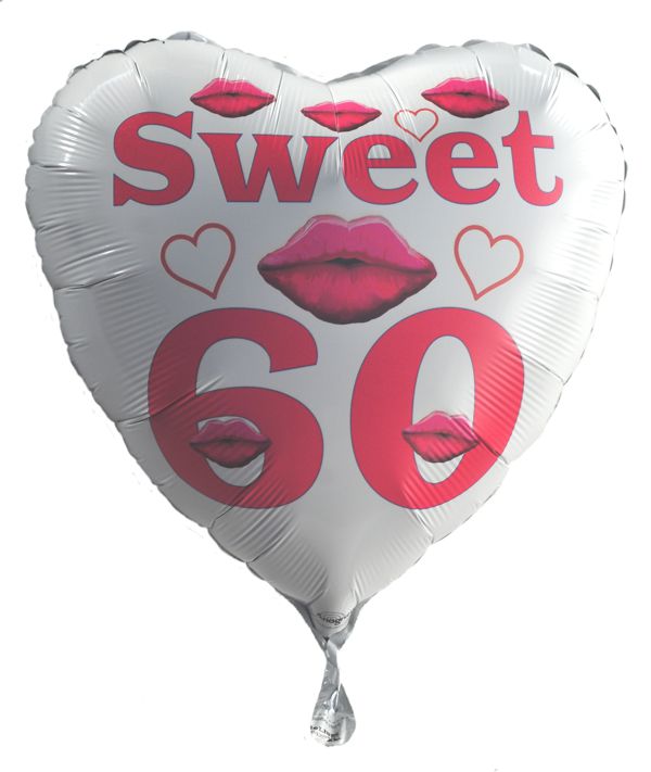 Weißer Herzluftballon mit Helium: Sweet 60, zum 60. Geburtstag