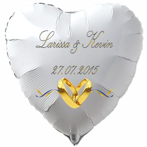 Herzluftballon zur Hochzeit mit Namen des Hochzeitpaares Datum des Hochzeitstages, weiß mit goldenen Hochzeitsringen