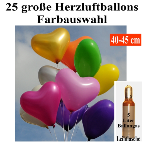 Herzluftballons Helium Set: 25 große Luftballons in Herzform, 45 cm Durchmesser, 1 Heliumgasflasche mit 5 Liter Ballongas