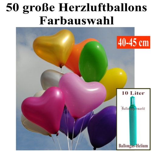 Herzluftballons Helium Set: 50 große Luftballons in Herzform, 45 cm Durchmesser, 1 Heliumgasflasche mit 20 Liter Ballongas